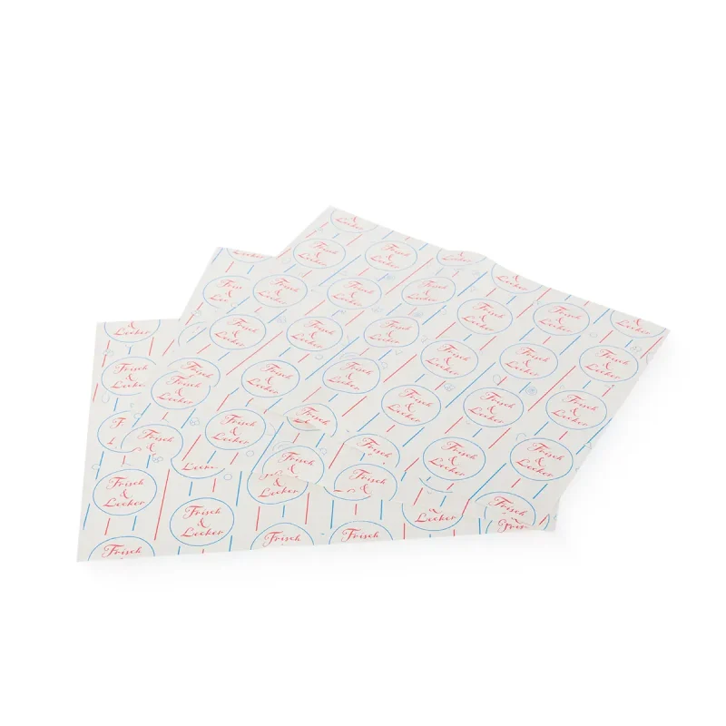 „Frisch und lecker“ mit rotem und blauem Aufdruck, ideal zum Verpacken von Lebensmitteln.