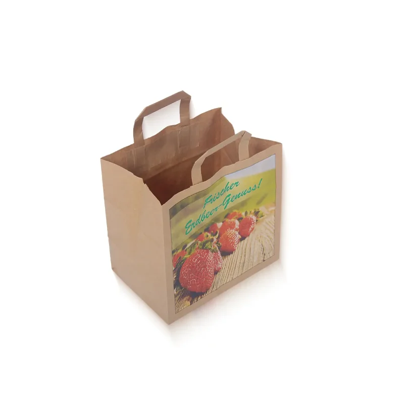 Braune Papiertragetasche für Erdbeeren, 26x17x25 cm, 90 g/m² Kraftpapier, mit Aufdruck "Frischer Erdbeer-Genuss!".