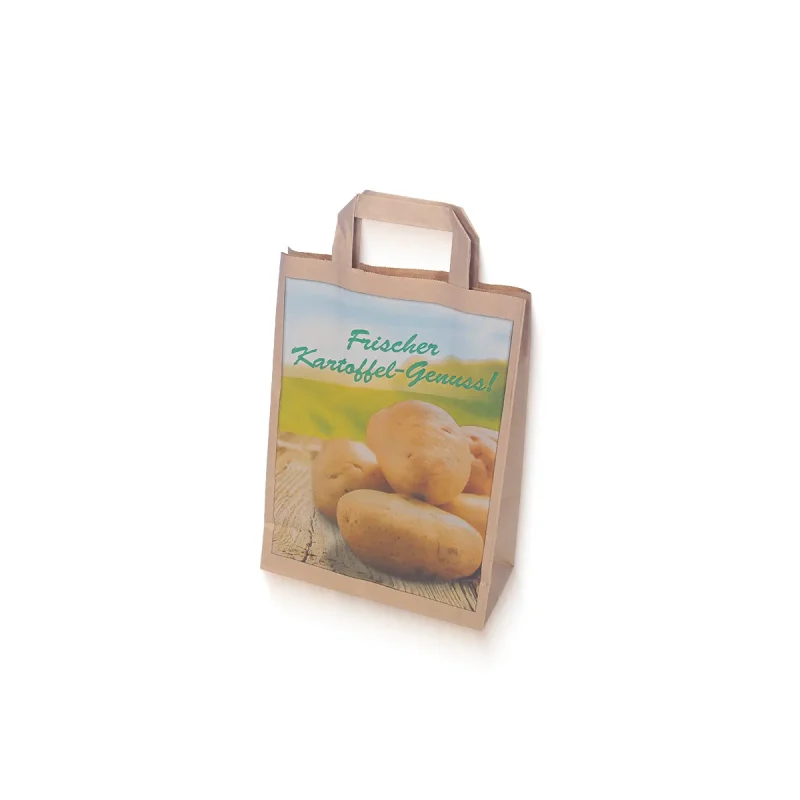Braune Kartoffel-Tragetasche aus feuchtigkeitsresistentem Kraftpapier, 3-5 kg Füllmenge, mit Aufdruck "Frischer Kartoffel-Genuss!".