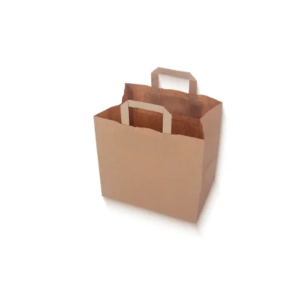 Extra breite braune Papiertragetasche 32+22x27 cm aus Kraftpapier, Produktnummer 19403227 von VerpaX, ideal für Catering und große Einkäufe.