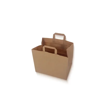 Braune Papiertragetasche 26x17x25 cm mit Breitboden, ideal für Take-away und Einzelhandel.